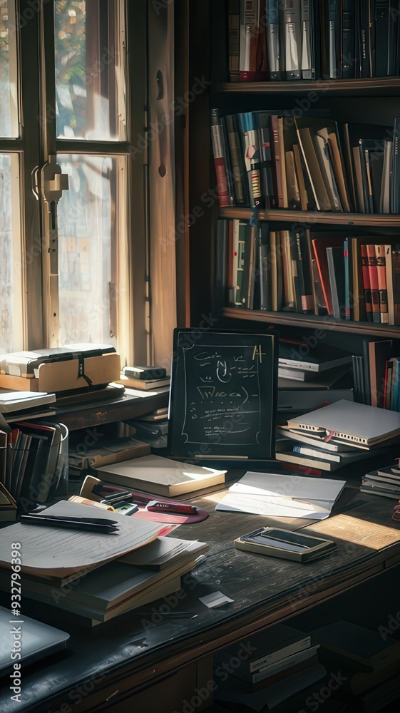 A study desk at home filled with books, and stationery
