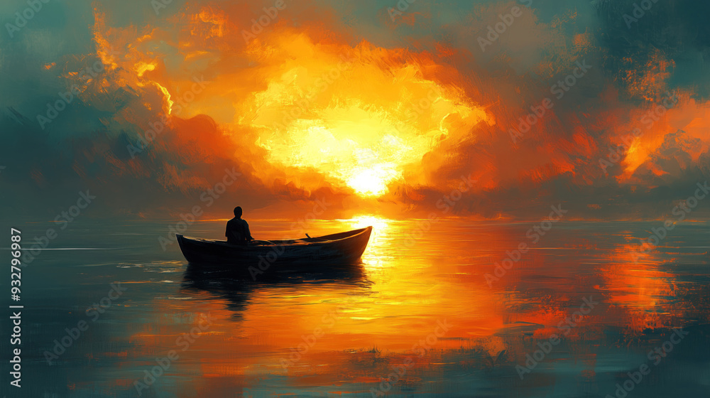 sunset reflecting on the water behind Lone man sits in a boat on a lake with sunset reflecting on the water behind Lone man sits in a boat on a lake with