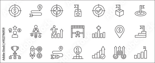 Target icon set. Goals and achievement icons set. Business and management icon. Vector stock illustration in thin line style. Contains symbols of rocket, businessman, podium, trophy and reward.
