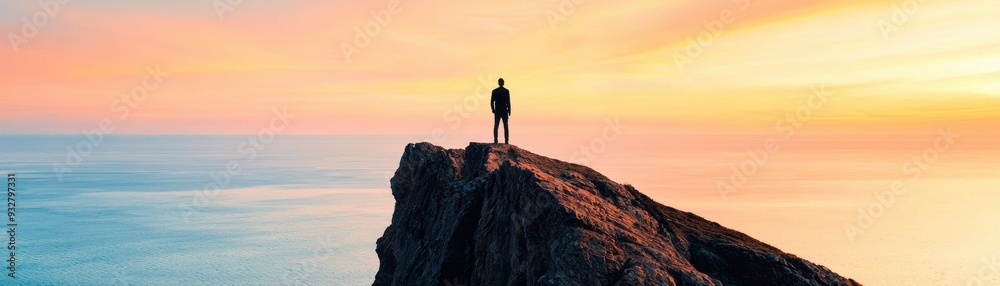A solitary figure standing on a rock at sunset, surrounded by ocean waves and a vibrant sky. A moment of reflection and tranquility. A solitary figure standing on a rock at sunset, surrounded by ocean waves and a vibrant sky. A moment of reflection and tranquility.