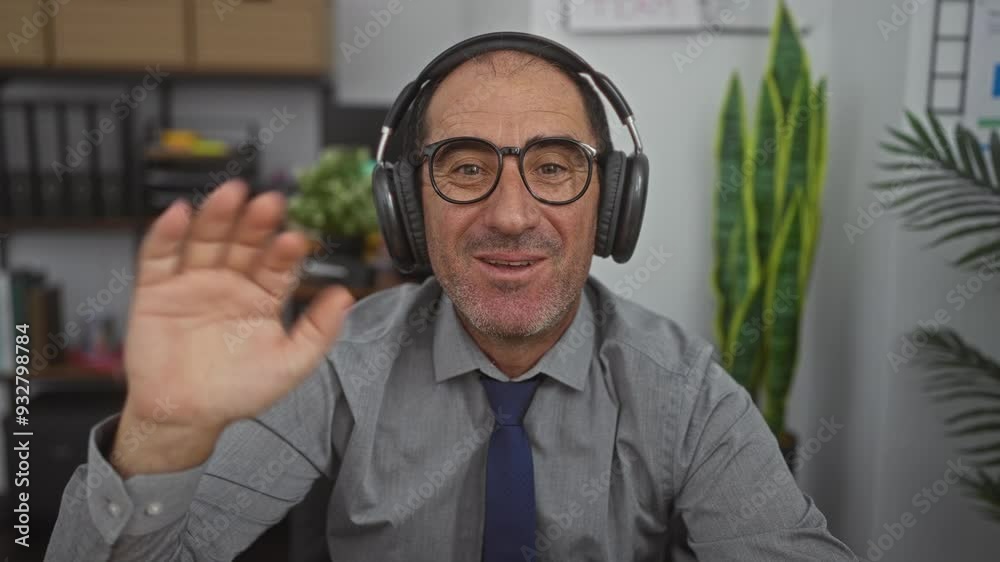 Hispanic man in office wearing headphones shows thumbs up while waving and smiling in a workplace setting with desk, office, and indoor plants. Hispanic man in office wearing headphones shows thumbs up while waving and smiling in a workplace setting with desk, office, and indoor plants.