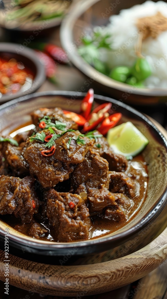 Tender beef rendang is beautifully presented in a rustic bowl, garnished with chilies and lime, highlighting Indonesian culinary art Tender beef rendang is beautifully presented in a rustic bowl, garnished with chilies and lime, highlighting Indonesian culinary art