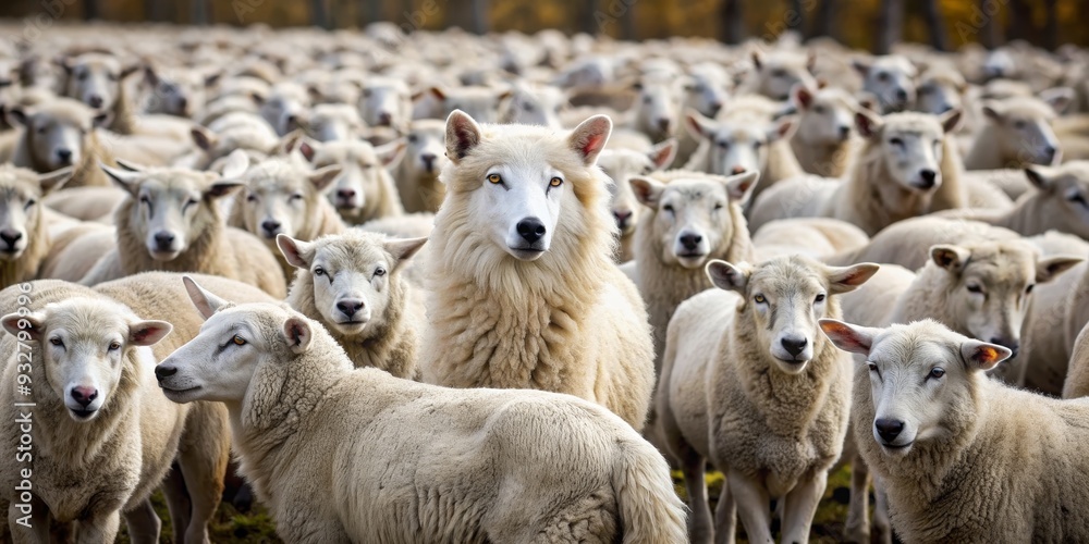 Obraz premium The Wolf in Sheep's Clothing A Wolf Disguised Among Sheep, Photography, Sheep, Wolf, Camouflage, Animal