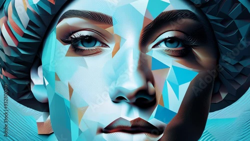Artistic transformation of a woman's face using vibrant geometric patterns