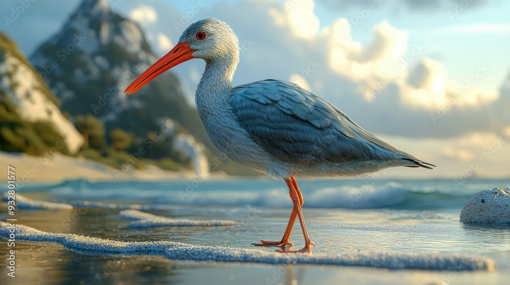 Fototapeta premium Seagull on beach at sunset, digital art style