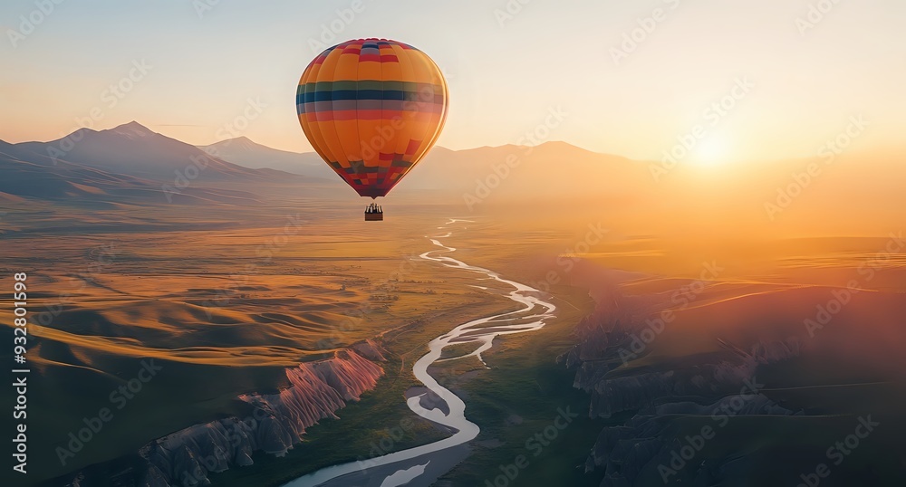 Obraz premium Hot Air Balloon Soaring Over a Winding River in a Mountain Valley at Sunset
