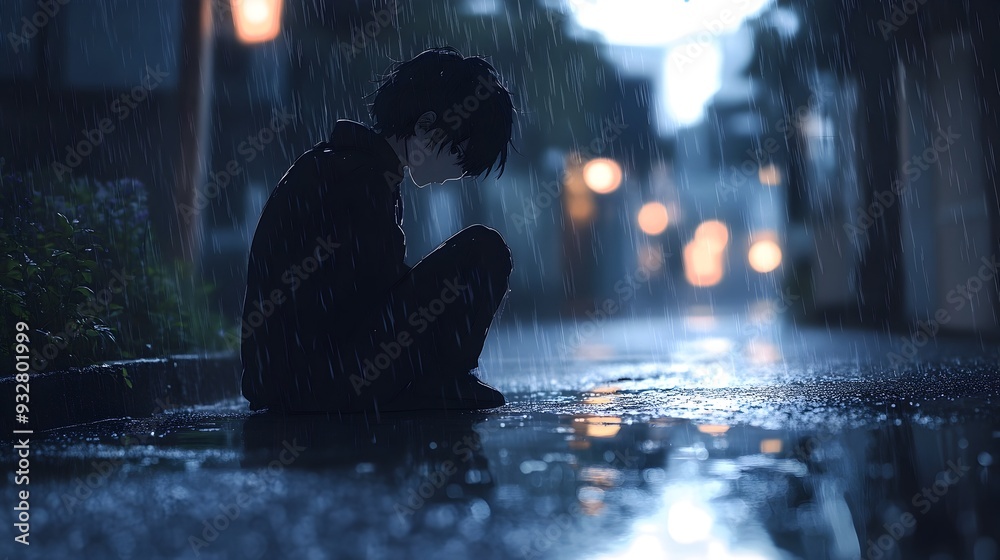 Melancholic Anime Character Sitting Alone in the Rain with Soft Droplets and Reflective Puddles Melancholic Anime Character Sitting Alone in the Rain with Soft Droplets and Reflective Puddles