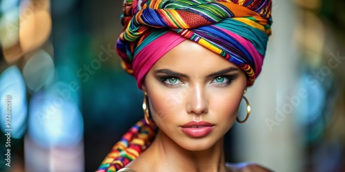 Woman in Colorful Turban with Striking Green Eyes, Portrait Photography, Fashion, Beauty, Headscarf, Turban, Eye Contact