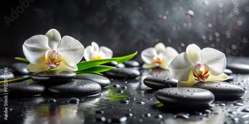 Zen Spa White Orchid on Wet Black Stones, Spa Treatment, Zen Garden, Relaxation, Wellness