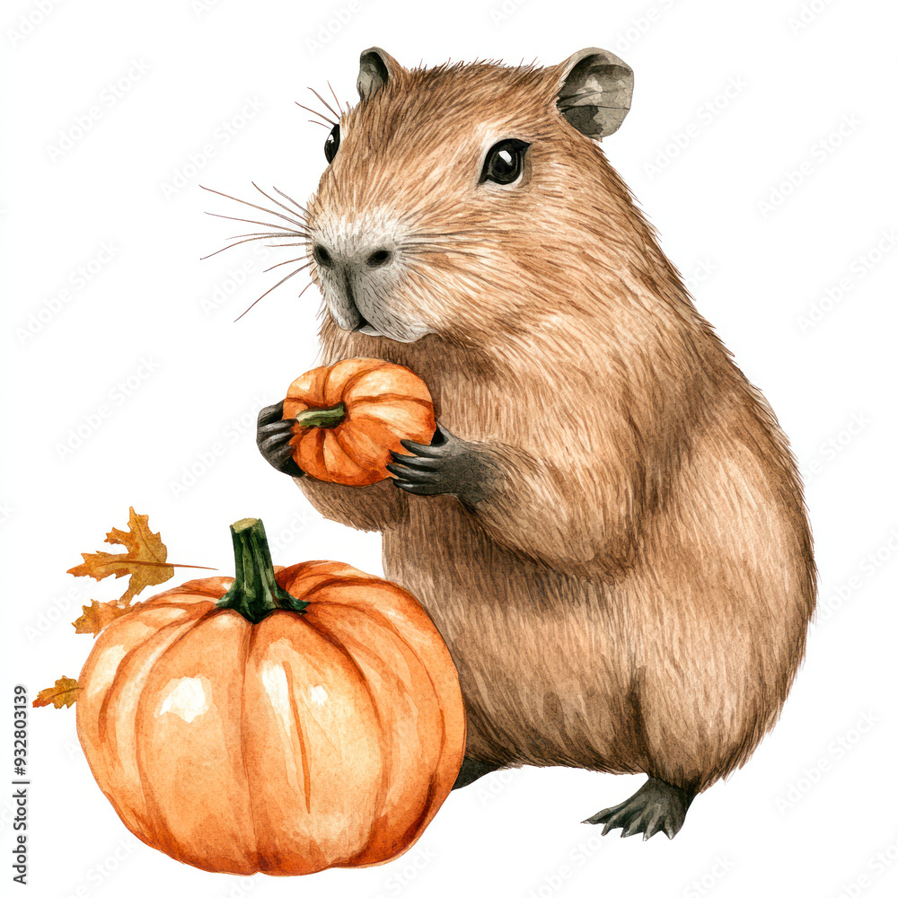 Fototapeta premium Cute capybara holding orange pumpkin. Adorable capybara with pumpkin and autumn leaves. Trendy autumn sticker, print, card design. Watercolor illustration isolated on white background
