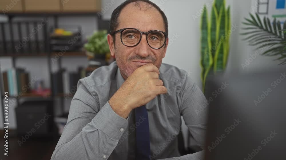 A middle-aged hispanic man in an office, wearing glasses and a gray shirt, thoughtful and smiling while sitting at a desk surrounded by shelves and plants. A middle-aged hispanic man in an office, wearing glasses and a gray shirt, thoughtful and smiling while sitting at a desk surrounded by shelves and plants.