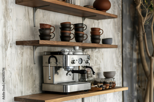 Cozy home coffee bar with espresso machine and cups on shelves