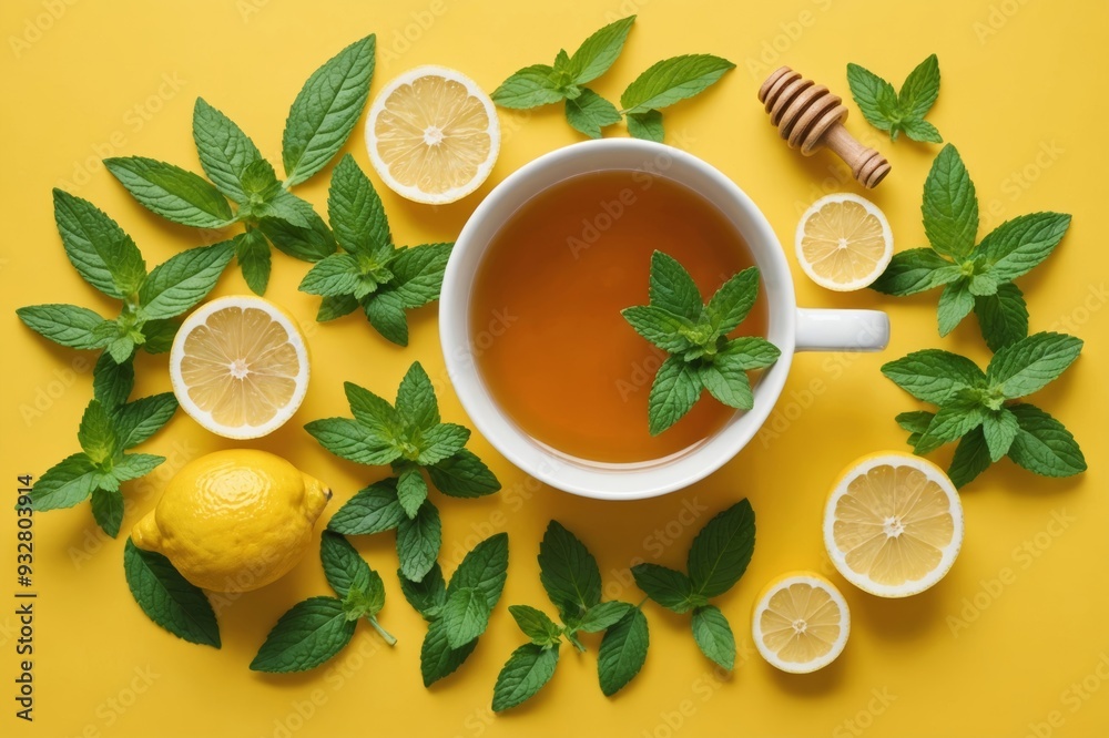 Herbal tea with mint, ginger, lemon, honey and other herbs on yellow background Herbal tea with mint, ginger, lemon, honey and other herbs on yellow background