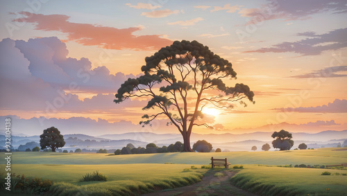 Sunrise over a grassy field with a tree, hills, and a hazy sky