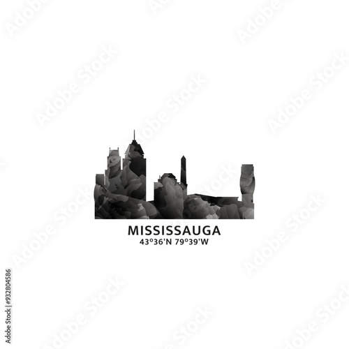 Mississauga panorama, vector badge, skyline logo and icon. Canada, Ontario province city horizon logotype with landmarks and building silhouettes. Isolated foggy abstract gradient graphic