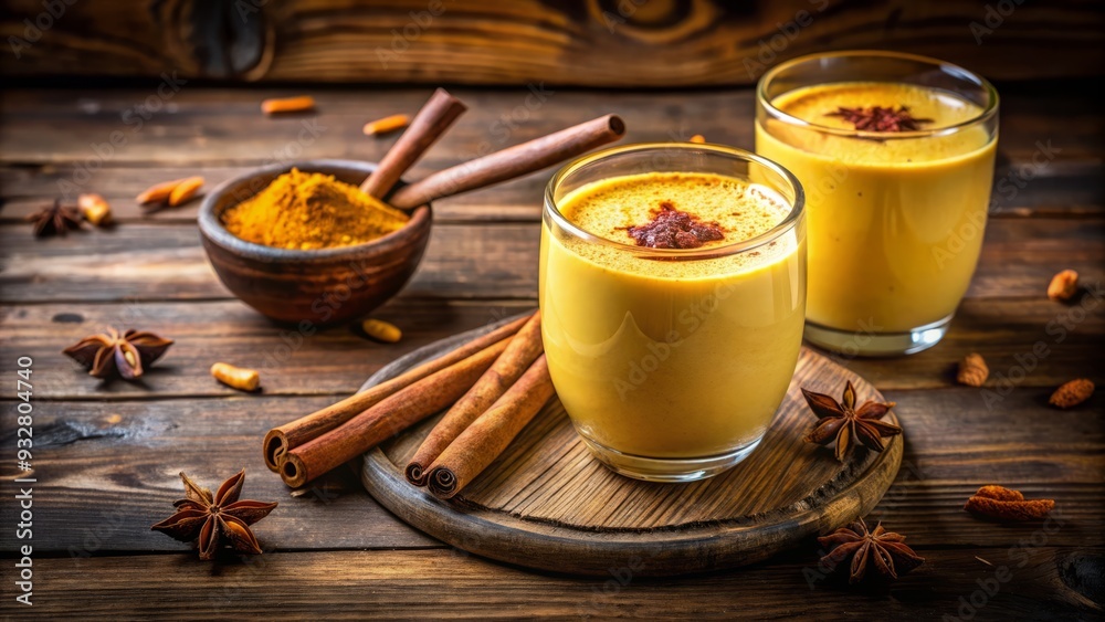 Rich wood textures and earthy tones frame kefir smoothie with golden turmeric and cinnamon sticks, evoking warm spices and autumnal coziness. Rich wood textures and earthy tones frame kefir smoothie with golden turmeric and cinnamon sticks, evoking warm spices and autumnal coziness.
