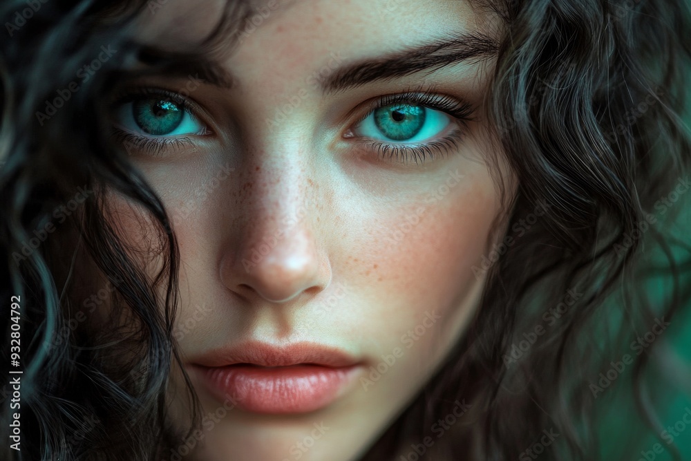 Close-up portrait of a young woman with blue eyes and curly hair Close-up portrait of a young woman with blue eyes and curly hair