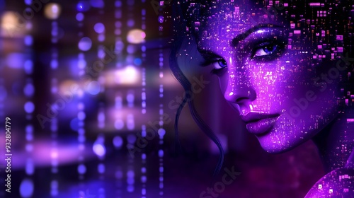 Wallpaper Mural Woman's Face with Purple Glow and City Lights. Torontodigital.ca