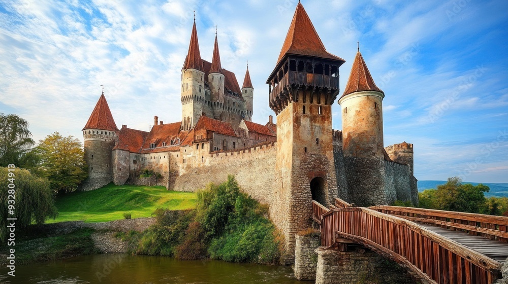 Fototapeta premium Medieval Castle with Wooden Bridge