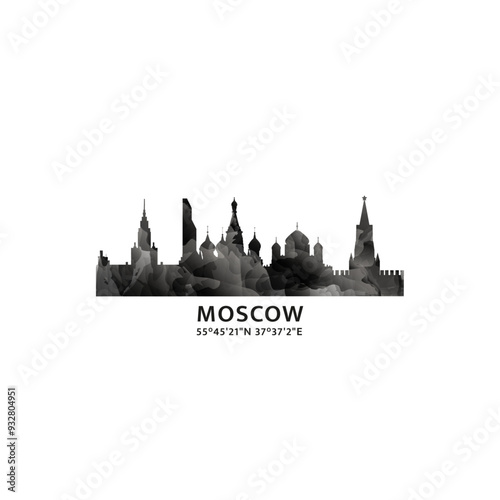 Moscow panorama, vector badge, skyline logo and icon. Russia capital city horizon logotype with landmarks and building silhouettes. Isolated foggy abstract gradient graphic