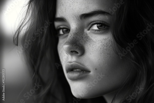 Black and White Portrait of a Young Woman with Freckles