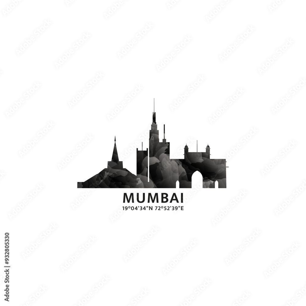 Naklejka premium Mumbai panorama, vector badge, skyline logo and icon. India, Maharashtra state city horizon logotype with landmarks and building silhouettes. Isolated foggy abstract gradient graphic