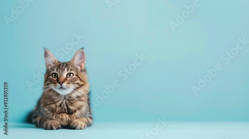 A Domestic Non-Pedigreed cat is featured on a light blue background, providing a tranquil setting with abundant empty space ideal for text or creative additions.