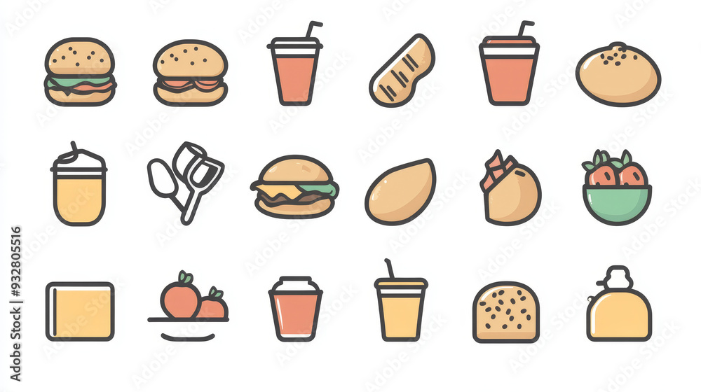 “A clean and minimalist collection of food and drink line icons, including bread, burger, coffee, soda, fruit, ice cream, steak, pizza, salad, and tea. These icons are ideal for web design, apps, “A clean and minimalist collection of food and drink line icons, including bread, burger, coffee, soda, fruit, ice cream, steak, pizza, salad, and tea. These icons are ideal for web design, apps,