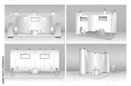 set of realistic trade exhibition chair and table or white blank exhibition kiosk or stand booth corporate commercial. 3D Render