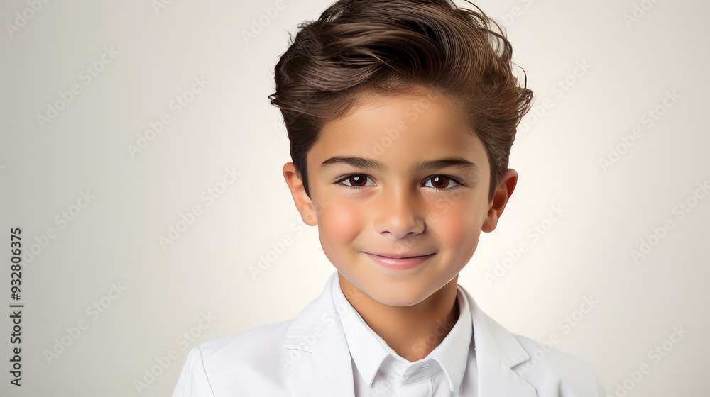 Portrait of a cute Hispanic Latino boy child with perfect skin, white background, banner. Portrait of a cute Hispanic Latino boy child with perfect skin, white background, banner.