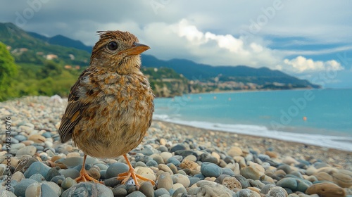 Sparrow on pebble beach with coastal landscape photo