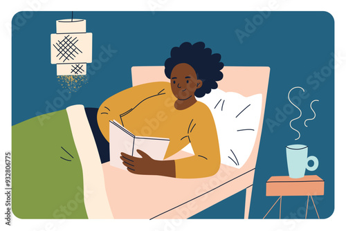 Vector illustration in flat, cartoon style. A woman relaxing in bed with a book, a cozy evening routine. Serene bedroom setting, comfort and leisure before sleep, bedtime habits and evening routine