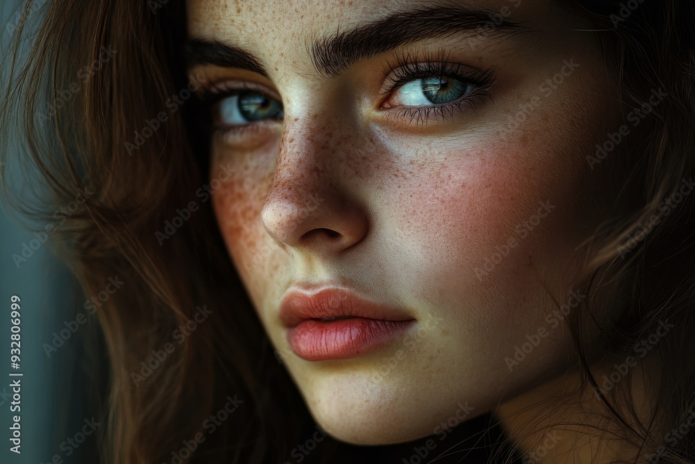 Close-up Portrait of a Young Woman with Freckles and Blue Eyes Close-up Portrait of a Young Woman with Freckles and Blue Eyes