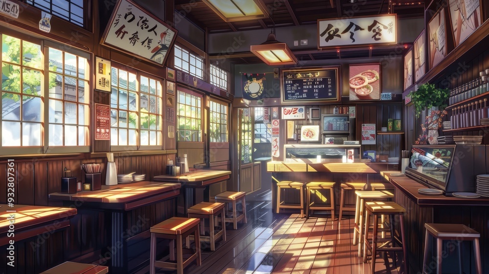 The interior of an anime restaurant is filled with wooden furniture, warm lighting, and colorful menus creating a cozy atmosphere The interior of an anime restaurant is filled with wooden furniture, warm lighting, and colorful menus creating a cozy atmosphere