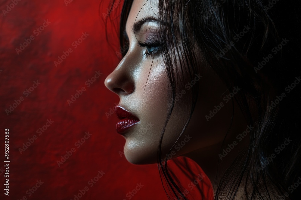 Portrait of a Woman with Red Lipstick and Wet Hair Against a Red Background Portrait of a Woman with Red Lipstick and Wet Hair Against a Red Background