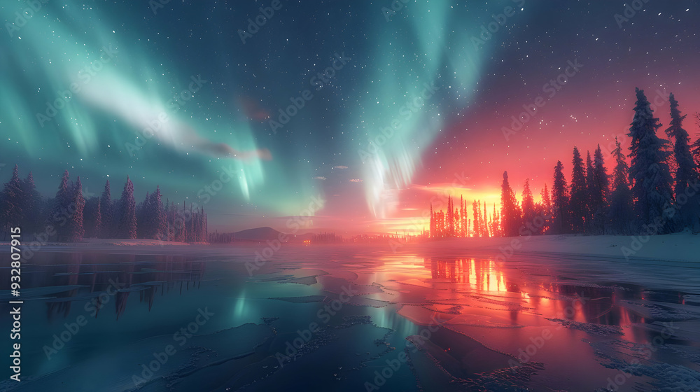 Northern Lights Reflecting on a Frozen Lake - Digital Art Northern Lights Reflecting on a Frozen Lake - Digital Art