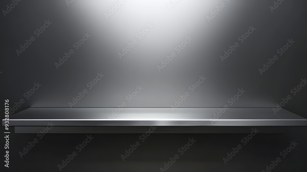 Silver steel countertop, empty shelf. Kitchen counter on gray background with spot light. Bar desk surface in foreground
