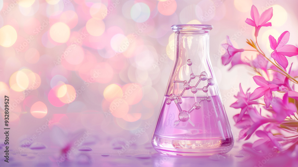 Elegant Glass Flask with Molecular Structure and Pink Flowers in a Soft Light