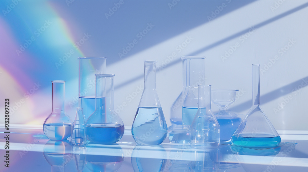 Glass Laboratory Beakers with Light Spectrum Reflections in a Scientific Setting Glass Laboratory Beakers with Light Spectrum Reflections in a Scientific Setting