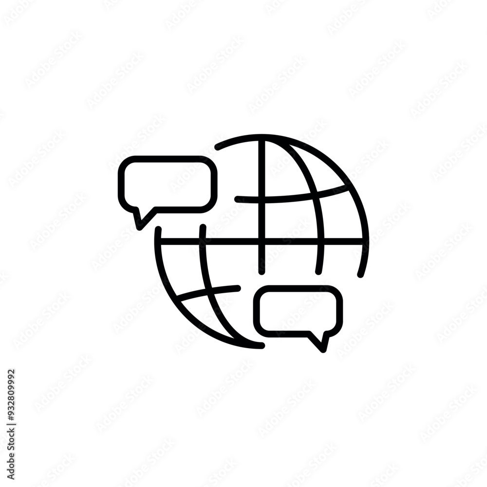 Global communication icon. Simple line illustration of a globe with speech bubbles, representing global networking, online discussions. Perfect for social media, app, web design. Vector illustration Global communication icon. Simple line illustration of a globe with speech bubbles, representing global networking, online discussions. Perfect for social media, app, web design. Vector illustration