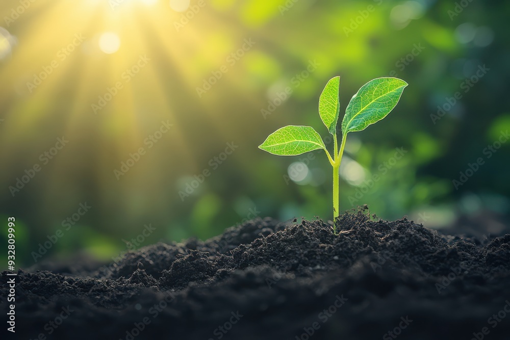 Fototapeta premium Young plant seedling in rich soil with a blurred background