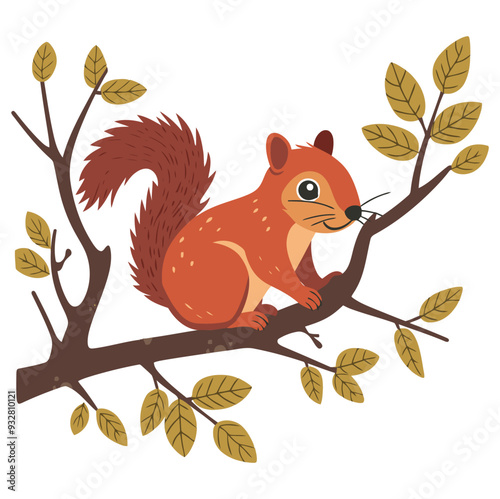 Squirrel Sitting on a Tree Branch. Flat Vector Illustration