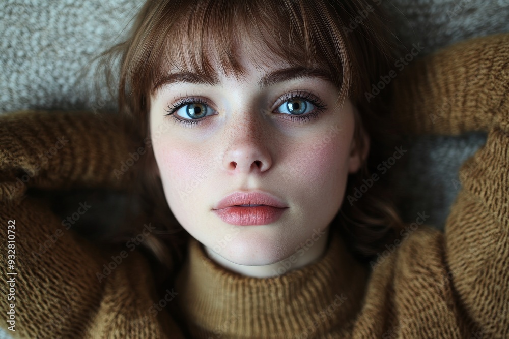 Close-up portrait of a young woman with blue eyes and freckles Close-up portrait of a young woman with blue eyes and freckles