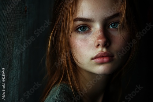 Portrait of a Young Woman with Freckles and Blue Eyes