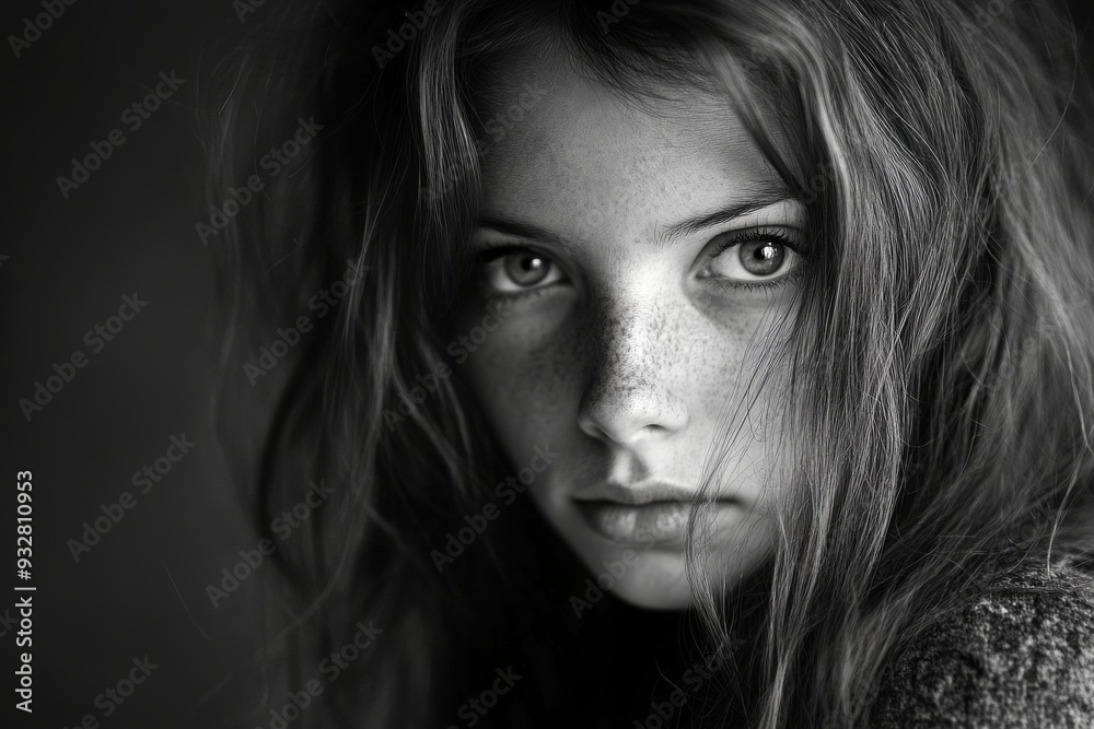 Black and White Portrait of a Young Woman with Freckles Black and White Portrait of a Young Woman with Freckles
