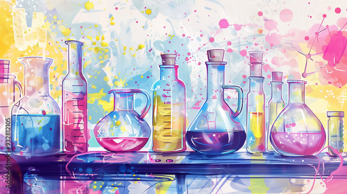 Colorful Artistic Illustration of Chemistry Lab with Glass Beakers and Bottles