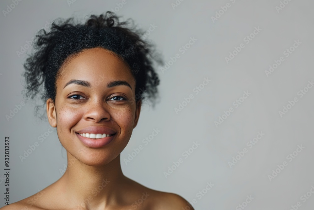 Smiling young woman with curly hair, empty space for text Smiling young woman with curly hair, empty space for text