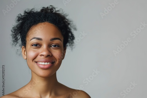 Smiling young woman with curly hair, empty space for text