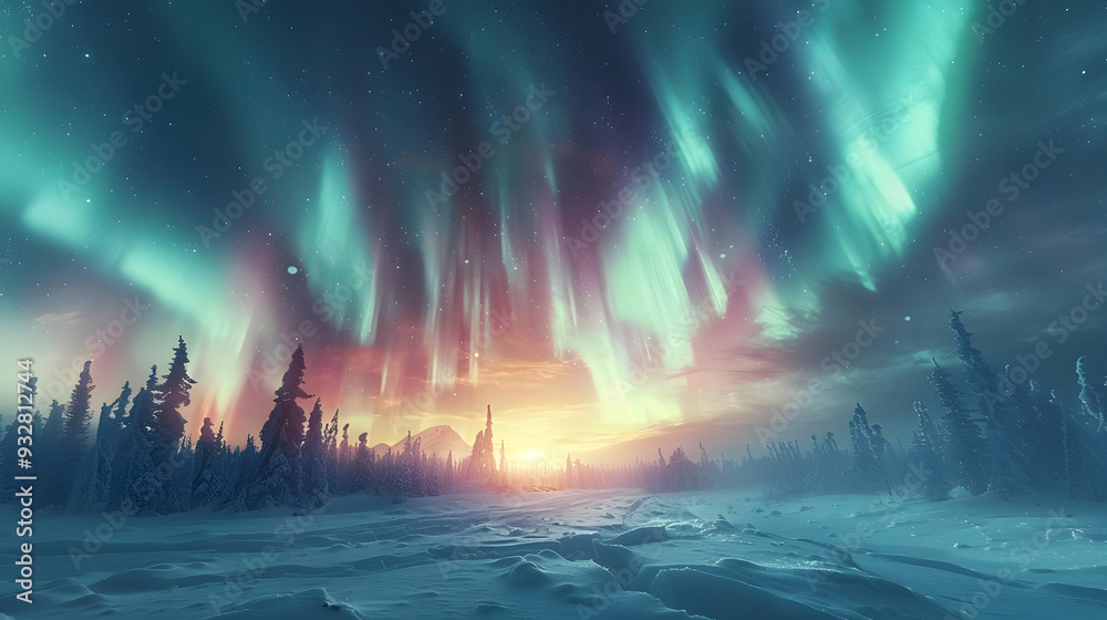 Fototapeta premium Aurora Borealis Over Snowy Forest Illustration