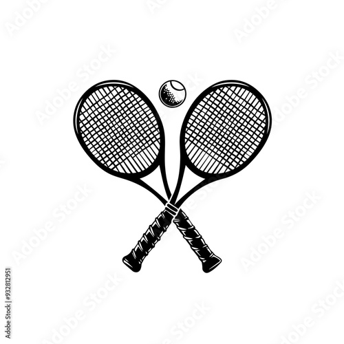 Crossed tennis rackets with ball on white background
